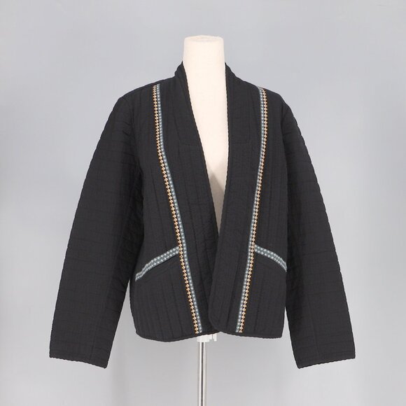 J.JILL PureJill Elements Seersucker Embroidered Quilted Jacket Black Size M - Picture 3 of 8